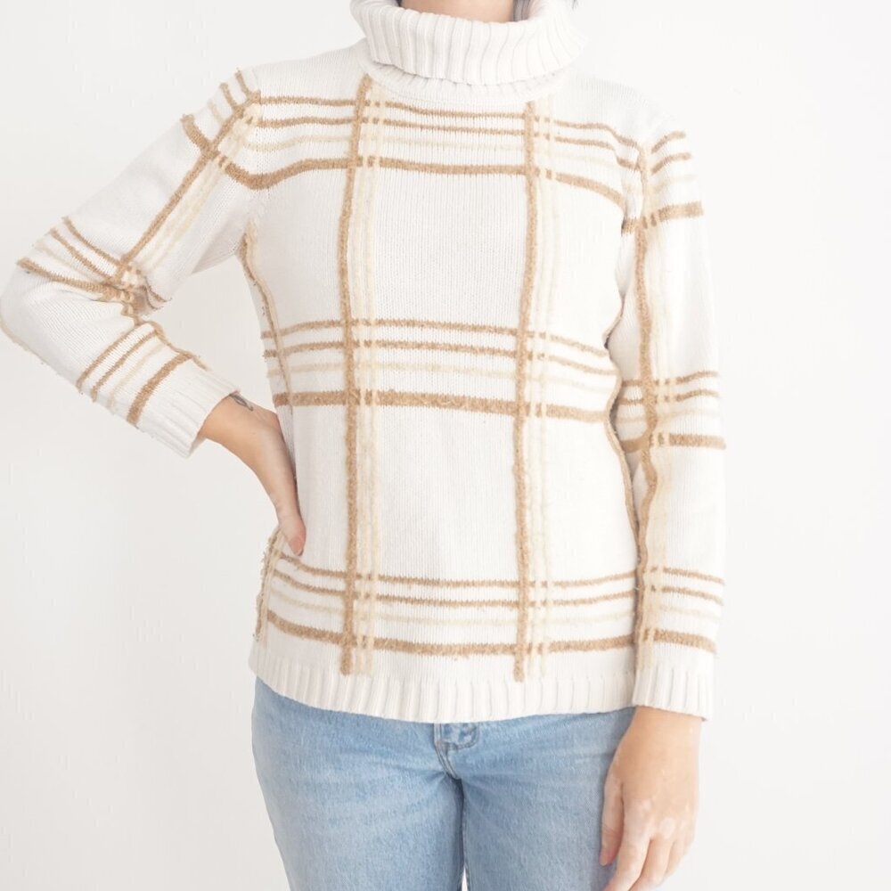 Vintage Liz Claiborne Cream w Brown Cross Pattern Knit Turtleneck Sweater S